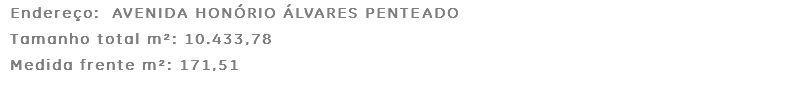 Endereço: AVENIDA HONÓRIO ÁLVARES PENTEADO Tamanho total m²: 10.433,78 Medida frente m²: 171,51