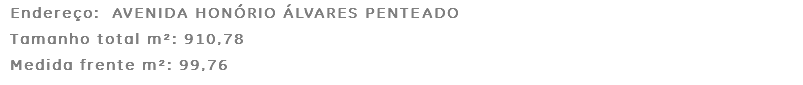 Endereço: AVENIDA HONÓRIO ÁLVARES PENTEADO Tamanho total m²: 910,78 Medida frente m²: 99,76