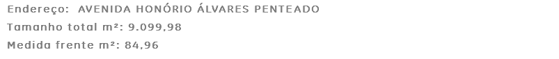 Endereço: AVENIDA HONÓRIO ÁLVARES PENTEADO Tamanho total m²: 9.099,98 Medida frente m²: 84,96