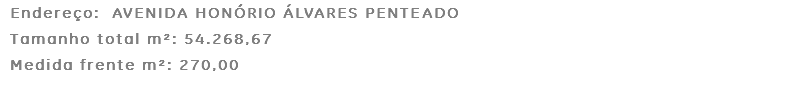 Endereço: AVENIDA HONÓRIO ÁLVARES PENTEADO Tamanho total m²: 54.268,67 Medida frente m²: 270,00
